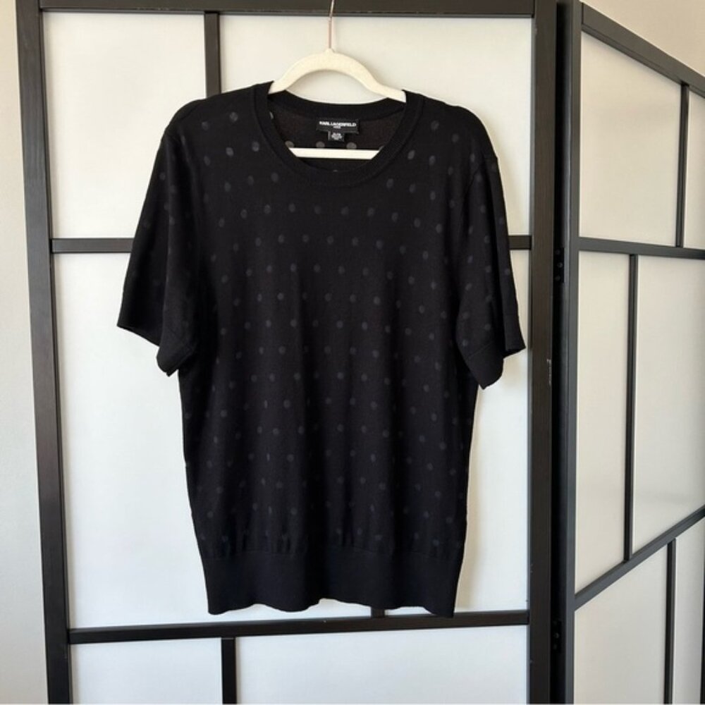 Karl Lagerfeld Paris Black On Black Polka Dot Short Sleeve Crewneck Sweater